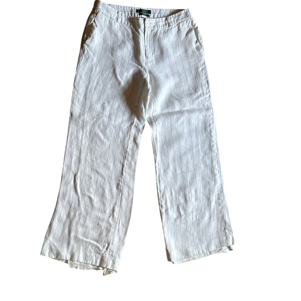 Lauren Ralph Lauren Womens White & Blue Striped Linen  Wide-Leg Pants
